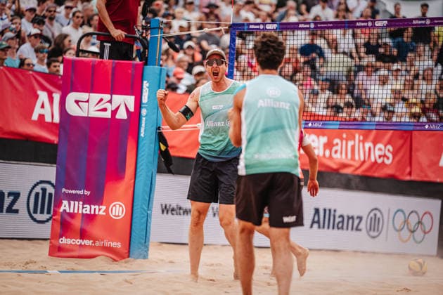 Beachvolleyball Männer Allianz German Beach Tour 2026 Tourstop München 05.07.2026 Nils Ehlers jubelt München Zentraler Hochschulsport: Beach- Bayern Deutschland *** Men s Beach Volleyball: Allianz German Beach Tour 2026, Munich Stop, July 5, 2026; Nils Ehlers celebrates; Munich; Central University Sports; Beach; Bavaria; Germany