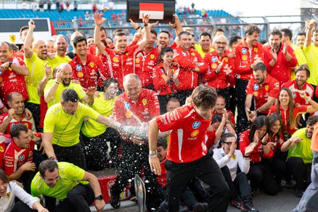 July 5, 2026, Silverstone, Northamptonshire, United Kingdom: CHARLES LECLERC (16, Scuderia Ferrari HP, MCO, Monegasque F1 Driver, SF-26) and FREDERIK VASSEUR during the Scuderia Ferrari team celebration in the pit lane on race day after winning the grand prix (P1 for Charles Leclerc and P3 for Lewis Hamilton) at the Formula 1 Pirelli British Grand Prix 2026 at Silverstone Circuit Silverstone United Kingdom - ZUMAr193 20260705_zsp_r193_122 Copyright: xSaraxRuffonix