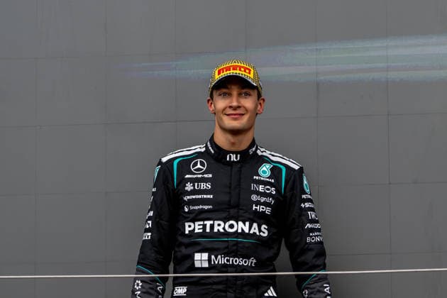 SILVERSTONE, UNITED KINGDOM: George Russell, racing for the Mercedes team during the 2026 Formula 1 British Grand Prix at the Silverstone Circuit in Silverstone, United Kingdom