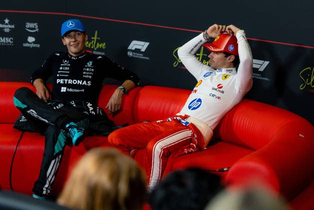 July 5, 2026, Silverstone, Northamptonshire, United Kingdom: CHARLES LECLERC (16, Scuderia Ferrari HP, MCO, Monegasque F1 Driver, SF-26) GEORGE RUSSELL (63, Mercedes AMG Petronas F1 Team, GBR, British F1 Driver, W17) during the FIA press conference, PK, Pressekonferenz after the race at the Formula 1 Pirelli British Grand Prix 2026 at Silverstone Circuit Silverstone United Kingdom - ZUMAr193 20260705_zsp_r193_158 Copyright: xSaraxRuffonix
