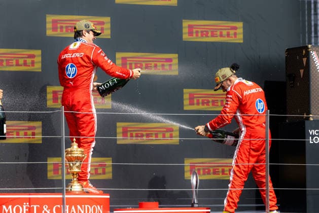 July 5, 2026, Silverstone, Northamptonshire, United Kingdom: CHARLES LECLERC (16, Scuderia Ferrari HP, MCO, Monegasque F1 Driver, SF-26) LEWIS HAMILTON (44, Scuderia Ferrari HP, GBR, British F1 Driver, SF-26) on the podium after the end of the race (Sunday) at the Formula 1 Pirelli British Grand Prix 2026 at Silverstone Circuit Silverstone United Kingdom - ZUMAr193 20260705_zsp_r193_178 Copyright: xSaraxRuffonix