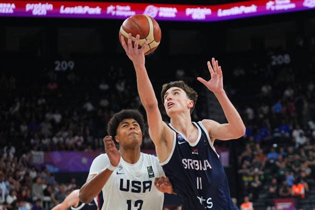 United States v Serbia - FIBA U17, U 17 Basketball World Cup ISTANBUL, TURKIYE - JULY 5: Joaquim Boumtje-Boumtje (13) of US in action against Matija Lukic (11) of Serbia during the FIBA Under-17 Basketball World Cup final game between US and Serbia at the Basketball Development Center in Istanbul, Turkiye, on July 5, 2026. Esra Bilgin Anadolu Istanbul Turkey. Editorial use only. Please get in touch for any other usage.  Copyright: x2026xAnadoluxEsraxBilginx