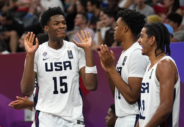 United States v Serbia - FIBA U17, U 17 Basketball World Cup ISTANBUL, TURKIYE - JULY 5: Players of US celebrate after scoring during the FIBA Under-17 Basketball World Cup final game between US and Serbia at the Basketball Development Center in Istanbul, Turkiye, on July 5, 2026. Esra Bilgin Anadolu Istanbul Turkey. Editorial use only. Please get in touch for any other usage.  Copyright: x2026xAnadoluxEsraxBilginx
