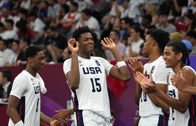 United States v Serbia - FIBA U17, U 17 Basketball World Cup ISTANBUL, TURKIYE - JULY 5: Players of US celebrate after scoring during the FIBA Under-17 Basketball World Cup final game between US and Serbia at the Basketball Development Center in Istanbul, Turkiye, on July 5, 2026. Esra Bilgin Anadolu Istanbul Turkey. Editorial use only. Please get in touch for any other usage.  Copyright: x2026xAnadoluxEsraxBilginx