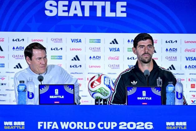 Belgium s head coach Rudi Garcia and Belgium s goalkeeper Thibaut Courtois pictured during a press conference, PK, Pressekonferenz of Belgian national soccer team Red Devils, on Saturday 04 July 2026 in their base camp, home of the Seattle Sounders, Renton, Seattle, USA. The Rode Duivels - Diables Rouges qualified for the knockout stage of the 2026 FIFA World Cup, WM, Weltmeisterschaft, Fussball where they ll meet USA in the round of 16 on July 7th. DIRKxWAEM  x180456649x