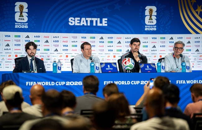 FIFA World Cup, WM, Weltmeisterschaft, Fussball 2026 - Belgium press conference, PK, Pressekonferenz Belgium head coach Rudi Garcia, (2-L) and goalkeeper Thibaut Courtois, (2-R) attend a press conference ahead of the FIFA World Cup 2026 Round of 16 match between USA and Belgium, Washington State, USA, 05 July 2026. USA and Belgium will face each other in the Round of 16 on 06 July in Seattle. SEATTLE United States  Copyright: xSTEPHENxBRASHEARx