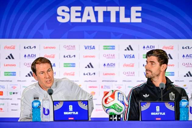 Belgian national football team - FIFA World Cup, WM, Weltmeisterschaft, Fussball 2026 - media activities 05 07 2026 SEATTLE, UNITED STATES OF AMERICA - JULY 05 : Garcia Rudi head coach of Belgium and Courtois Thibaut goalkeeper of Belgium pictured during a press conference, PK, Pressekonferenz at the Lumen Field Stadium prior to the USA vs Belgium Round of 16 match during the 2026 FIFA World Cup on July 5, 2026 in Seattle, United States of America, 05 07 2026 Seattle United States of America  Copyright: xJanxDexMeuleneirx