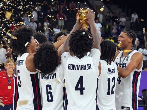United States v Serbia - FIBA U17, U 17 Basketball World Cup ISTANBUL, TURKIYE - JULY 5: Players of US celebrate victory after beating Serbia during the FIBA Under-17 Basketball World Cup final game between US and Serbia at the Basketball Development Center in Istanbul, Turkiye, on July 5, 2026. Esra Bilgin Anadolu Istanbul Turkey. Editorial use only. Please get in touch for any other usage.  Copyright: x2026xAnadoluxEsraxBilginx