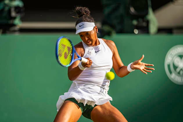 RECORD DATE NOT STATED 5th July 2026; All England Lawn Tennis and Croquet Club, London, England; Wimbledon Tennis Tournament, Day Seven; Naomi Osaka (JPN) plays a forehand in her fourth round match against Aryna Sabalenka GodfreyxPitt