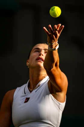 RECORD DATE NOT STATED 5th July 2026; All England Lawn Tennis and Croquet Club, London, England; Wimbledon Tennis Tournament, Day Seven; Aryna Sabalenka serves in her fourth round match against Naomi Osaka (JPN) GodfreyxPitt