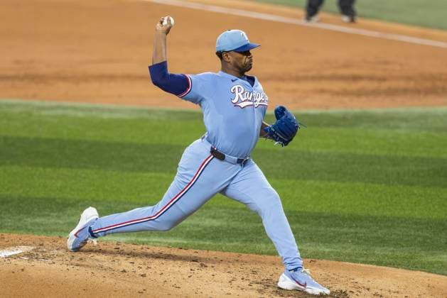July 5, 2026, Arlington, Texas, USA: Texas Rangers pitcher KUMAR ROCKER (80) during a MLB, Baseball Herren, USA game between the Detroit Tigers and Texas Rangers at Globe Life Field. Tigers win 6-3. Arlington USA - ZUMAf180 20260705_zsp_f180_003 Copyright: xMarkxFannx