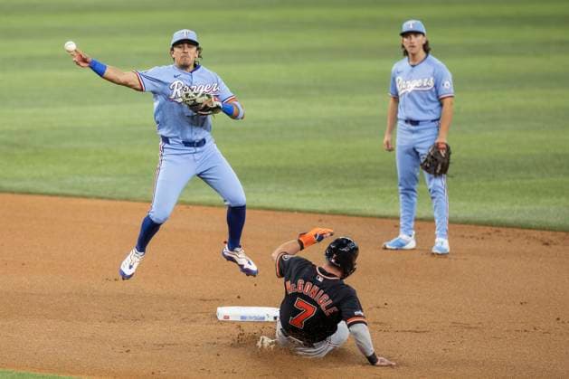 July 5, 2026, Arlington, Texas, USA: Texas Rangers shortstop NICKY LOPEZ (33) turns a double play during a MLB, Baseball Herren, USA game between the Detroit Tigers and Texas Rangers at Globe Life Field. Tigers win 6-3. Arlington USA - ZUMAf180 20260705_zsp_f180_018 Copyright: xMarkxFannx