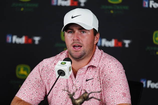SILVIS, IL - JULY 05: PGA, Golf Herren golfer Chris Gotterup speaks at a press conference, PK, Pressekonferenz after winning the John Deere Classic on July 5, 2026, at TPC Deere Run in Silvis, Illinois. (Photo by Brian Spurlock Icon Sportswire) GOLF: JUL 05 PGA John Deere Classic EDITORIAL USE ONLY Icon26070523