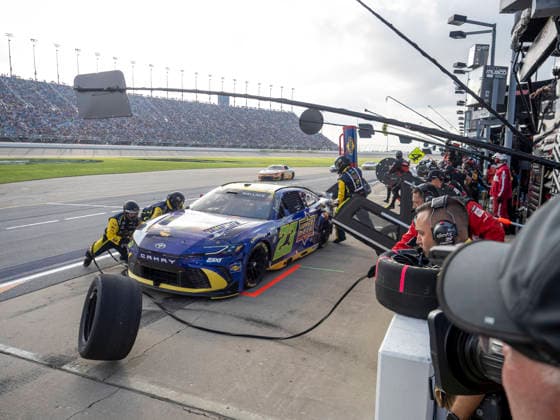 JOLIET, IL - JULY 05: The team of Bubba Wallace ( 23 23XI Racing Upper Deck Space Jam 30th Anniversary Toyota) perform a pit stop during the NASCAR, Motorsport, USA Cup Series eero 400 on July 5, 2026, at Chicagoland Speedway in Joliet, IL. (Photo by Joseph Weiser Icon Sportswire) AUTO: JUL 05 NASCAR Cup Series eero 400 EDITORIAL USE ONLY Icon260705040400