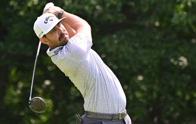 SILVIS, IL - JULY 05: Golfer Erik van Rooyan hits his shot on the 2 tee during the final round of the John Deere Classic on July 05, 2026, at TPC Deere Run in Silvis, Illinois. (Photo by Keith Gillett Icon Sportswire) GOLF: JUL 05 PGA, Golf Herren John Deere Classic EDITORIAL USE ONLY Icon26070513