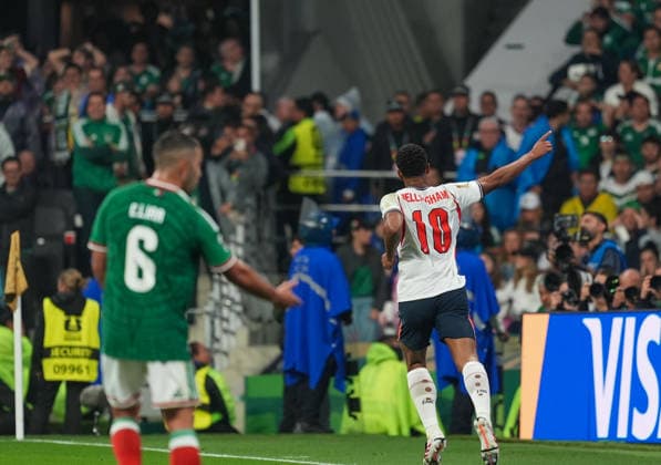 Mexico v England - FIFA World Cup, WM, Weltmeisterschaft, Fussball 2026 - Round of 16 MEXICO CITY, MEXICO - JULY 05: Jude Bellingham (10) of England celebrates after scoring a goal during the FIFA World Cup 2026 Round of 16 match between Mexico and England at Mexico Stadium (Estadio Azteca) in Mexico City, Mexico on July 05, 2026. Juancho Torres Anadolu Mexico City Mexico. Editorial use only. Please get in touch for any other usage.  Copyright: x2026xAnadoluxJuanchoxTorresx