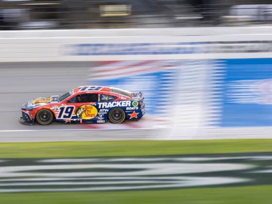 JOLIET, IL - JULY 05: Chase Briscoe ( 19 Joe Gibbs Racing Bass Pro Shops Toyota) crosses the finish line during the NASCAR, Motorsport, USA Cup Series eero 400 on July 5, 2026, at Chicagoland Speedway in Joliet, IL. (Photo by Joseph Weiser Icon Sportswire) AUTO: JUL 05 NASCAR Cup Series eero 400 EDITORIAL USE ONLY Icon260705056400