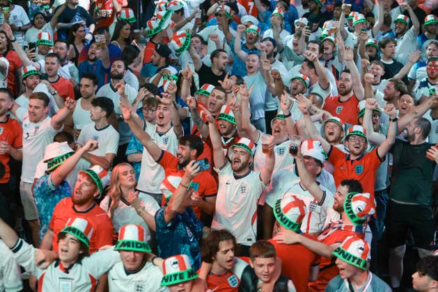 06 07 2026. London, United Kingdom. England Fans Box Park Wembley. Enland fans watch England v Mexico in the small hours on the big screen at Boxpark Wembley.  xMartynxWheatleyx xixImagesx IIM-26886-0012