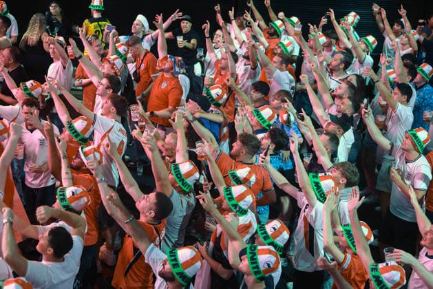 06 07 2026. London, United Kingdom. England Fans Box Park Wembley. Enland fans watch England v Mexico in the small hours on the big screen at Boxpark Wembley.  xMartynxWheatleyx xixImagesx IIM-26886-0022