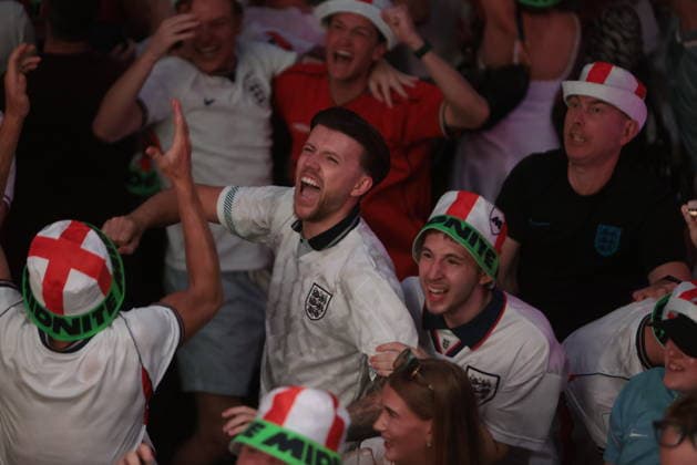 06 07 2026. London, United Kingdom. England Fans Box Park Wembley. Enland fans watch England v Mexico in the small hours on the big screen at Boxpark Wembley.  xMartynxWheatleyx xixImagesx IIM-26886-0031