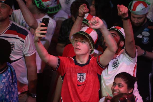 06 07 2026. London, United Kingdom. England Fans Box Park Wembley. Enland fans watch England v Mexico in the small hours on the big screen at Boxpark Wembley.  xMartynxWheatleyx xixImagesx IIM-26886-0033