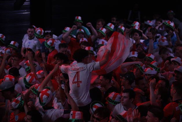 06 07 2026. London, United Kingdom. England Fans Box Park Wembley. Enland fans watch England v Mexico in the small hours on the big screen at Boxpark Wembley.  xMartynxWheatleyx xixImagesx IIM-26886-0053