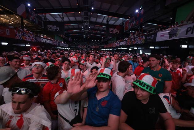06 07 2026. London, United Kingdom. England Fans Box Park Wembley. Enland fans watch England v Mexico in the small hours on the big screen at Boxpark Wembley.  xMartynxWheatleyx xixImagesx IIM-26886-0058