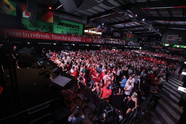 06 07 2026. London, United Kingdom. England Fans Box Park Wembley. Enland fans watch England v Mexico in the small hours on the big screen at Boxpark Wembley.  xMartynxWheatleyx xixImagesx IIM-26886-0059