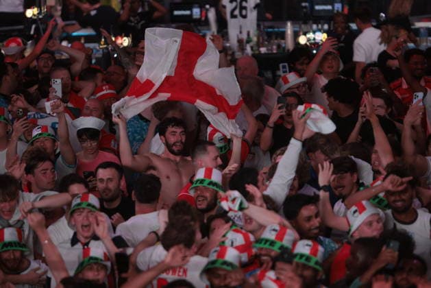 06 07 2026. London, United Kingdom. England Fans Box Park Wembley. Enland fans watch England v Mexico in the small hours on the big screen at Boxpark Wembley.  xMartynxWheatleyx xixImagesx IIM-26886-0061