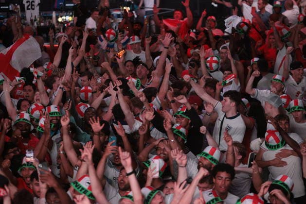 06 07 2026. London, United Kingdom. England Fans Box Park Wembley. Enland fans watch England v Mexico in the small hours on the big screen at Boxpark Wembley.  xMartynxWheatleyx xixImagesx IIM-26886-0062