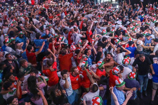 06 07 2026. London, United Kingdom. England Fans Box Park Wembley. Enland fans watch England v Mexico in the small hours on the big screen at Boxpark Wembley.  xMartynxWheatleyx xixImagesx IIM-26886-0068