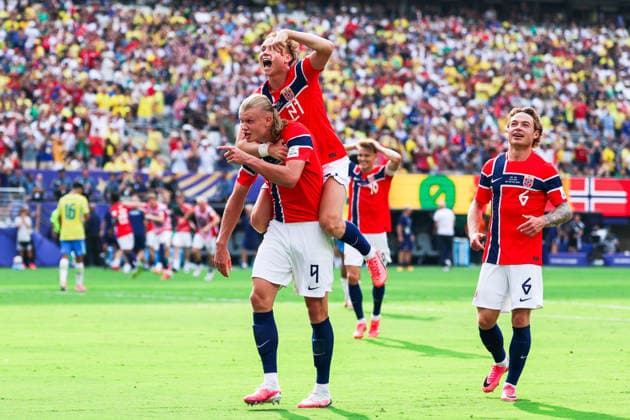 July 5, 2026, East Rutherford, Nj, United States: Erling Haaland player of Norway celebrates his second goal during the Round of 16 match between Brazil and Norway at the FIFA World Cup, WM, Weltmeisterschaft, Fussball at New York New Jersey Stadium, in East Rutherford, United States, on Sunday, July 05, 2026. FIFA World Cup 2026 - Round Of 16 - Brazil V Norway  - ZUMAv122 20260705_aap_v122_186 Copyright: xWilliamxVolcovx
