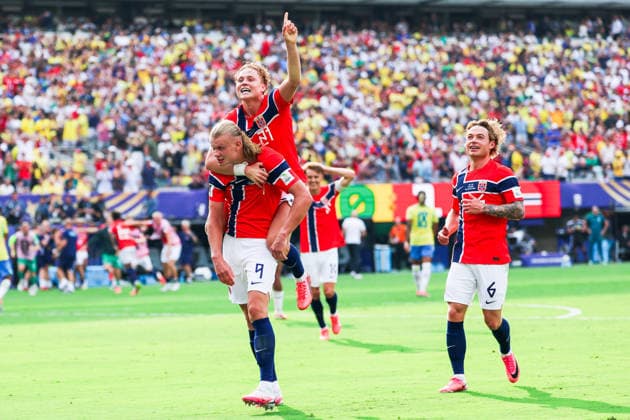 July 5, 2026, East Rutherford, Nj, United States: Erling Haaland player of Norway celebrates his second goal during the Round of 16 match between Brazil and Norway at the FIFA World Cup, WM, Weltmeisterschaft, Fussball at New York New Jersey Stadium, in East Rutherford, United States, on Sunday, July 05, 2026. FIFA World Cup 2026 - Round Of 16 - Brazil V Norway  - ZUMAv122 20260705_aap_v122_238 Copyright: xWilliamxVolcovx