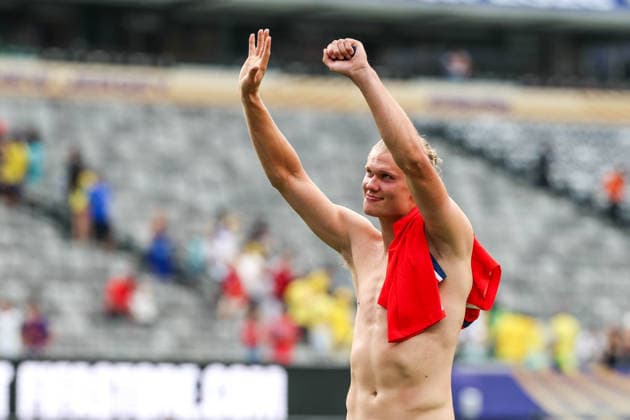 July 5, 2026, East Rutherford, Nj, United States: Erling Haaland player of Norway celebrates qualifying for the quarterfinals after defeating Brazil 2-1 to the Round of 16 match at the FIFA World Cup, WM, Weltmeisterschaft, Fussball at New York New Jersey Stadium, in East Rutherford, United States, on Sunday, July 05, 2026. East Rutherford United States - ZUMAv122 20260705_aap_v122_144 Copyright: xWilliamxVolcovx