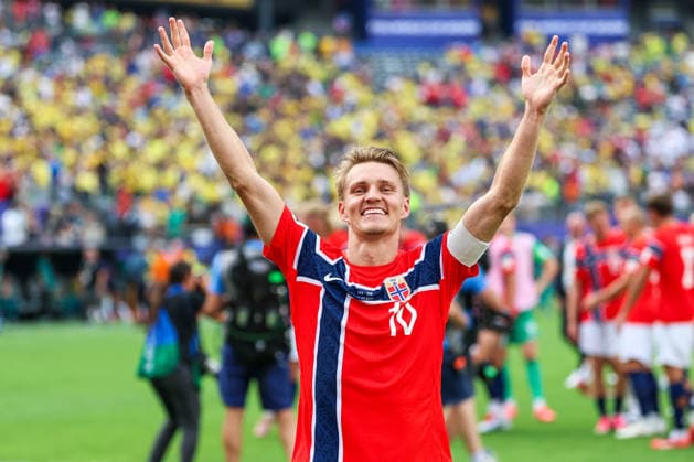 July 5, 2026, East Rutherford, Nj, United States: Martin Odegaard player of Norway celebrates qualifying for the quarterfinals after defeating Brazil 2-1 to the Round of 16 match at the FIFA World Cup, WM, Weltmeisterschaft, Fussball at New York New Jersey Stadium, in East Rutherford, United States, on Sunday, July 05, 2026. East Rutherford United States - ZUMAv122 20260705_aap_v122_212 Copyright: xWilliamxVolcovx