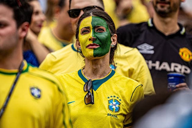 Brazil vs. Norway NOVA JERSEY, NJ - 05.07.2026: BRAZIL VS. NORWAY - Fans of the Brazilian national team, Nationalteam watch the match between Brazil and Norway, valid for the round of 16 of the 2026 FIFA World Cup, WM, Weltmeisterschaft, Fussball held at MetLife Stadium, in East Rutherford, New Jersey, United States, this Sunday (5). (Photo: Danilo Fernandes Fotoarena) x2980452x  DaniloxFernandes