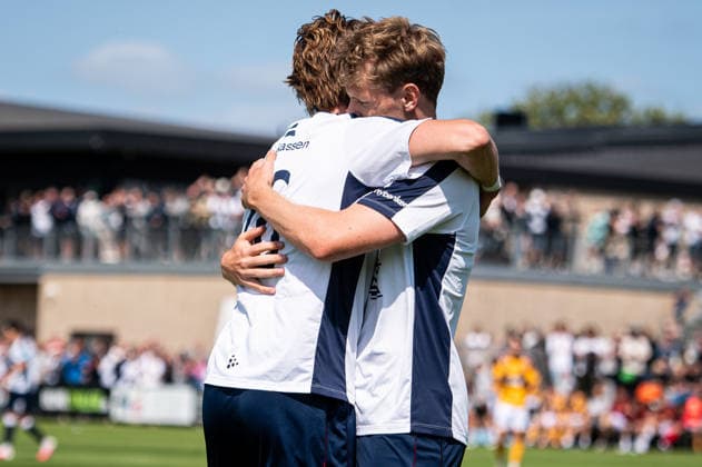 Aarhus GF v Motherwell FC, pre-season test match, Aarhus, Denmark Aarhus, Denmark. 05th, July 2026. Sebastian Jorgensen of Aarhus GF scores and celebrates with Jacob Andersen (26) during a pre-season test match between Aarhus GF and Motherwell FC at the AGF training facility Fredensvang in Aarhus Denmark, Aarhus, Fredensvang  Copyright: xGonzalesxPhoto MortenxKjaerx