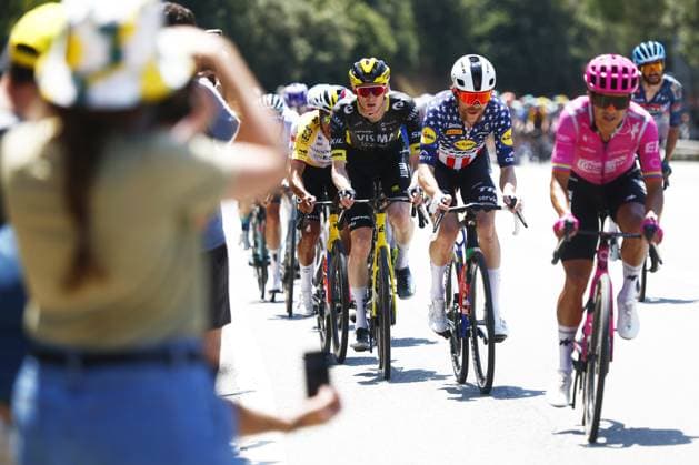 American Matteo Jorgenson of Team Visma-Lease a Bike, American Quinn Simmons of Lidl-Trek and Ecuadorian Richard Carapaz of EF Education-EasyPost pictured in action during stage 3 of the 2026 Tour de France cycling race, a stage of 195,9km from Granollers, Spain, to Les Angles, France, Monday 06 July 2026. The 113th edition of the Tour de France starts on Saturday 4 July in Barcelona, Spain, and will finish in Paris, France on the 26th of July. POOLxLUCAxBETTINI  x180503258x