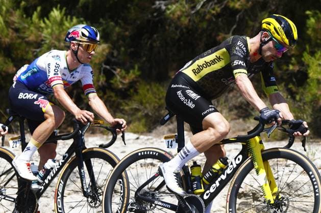Belgian Remco Evenepoel of Red Bull-BORA-hansgrohe and Belgian Victor Campenaerts of Team Visma-Lease a Bike pictured in action during stage 3 of the 2026 Tour de France cycling race, a stage of 195,9km from Granollers, Spain, to Les Angles, France, Monday 06 July 2026. The 113th edition of the Tour de France starts on Saturday 4 July in Barcelona, Spain, and will finish in Paris, France on the 26th of July. POOLxLUCAxBETTINI  x180503921x