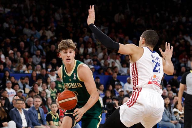 BASKETBALL AUSTRALIA PHILIPPINES, Alex Condon of the Australian Boomers in action during the World Cup qualifier basketball match between Australia and the Philippines at RAC Arena in Perth, Monday, July 6, 2026. ( NO ARCHIVING, EDITORIAL USE ONLY PERTH WESTERN AUSTRALIA AUSTRALIA  Copyright: xRICHARDxWAINWRIGHTx 20260706162543882639