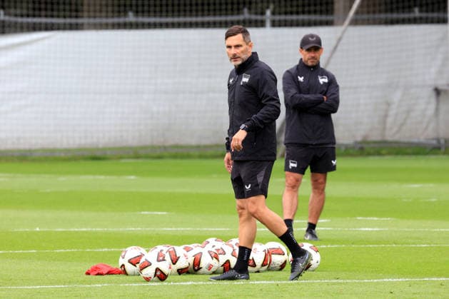 DEU, DFL, 2. FBL Hertha BSC, Training, 06.07.2026, Sportforum, Berlin, DEU, DFL, 2. FBL Hertha BSC, Training, Cheftrainer Stefan Leitl (Hertha BSC Berlin), Michael Hartmann DFL - regulations prohibit any use of Photographs as image sequences and or quasi-video *** GER, DFL, 2nd Bundesliga Hertha BSC, Training, July 6, 2026, Sportforum, Berlin, GER, DFL, 2nd Bundesliga Hertha BSC, Training, Head Coach Stefan Leitl, Hertha BSC Berlin, Michael Hartmann. DFL regulations prohibit any use of photographs as image sequences and or quasi-video. nordphotoxGmbHx xEngler nph00076
