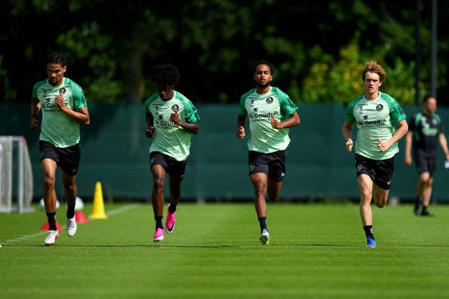 Training Sparta Rotterdam Rotterdam - Alwande Roaldsoy of Sparta Rotterdam, Lushendry Martes of Sparta Rotterdam, Marvin Young of Sparta Rotterdam, Jorn Triep of Sparta Rotterdam during the a training in preperation of the 2026 2027 season. The training is set at Sportpark Nieuw-Terbregge on 6 July 2026 in Rotterdam, The Netherlands. (VK Sportphoto Yannick Verhoeven) Copyright: xYannickxVerhoevenx