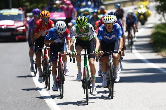 Spanish Abel Balderstone of Caja Rural-Seguros RGA and Spanish Raul Garcia Pierna of Movistar Team pictured in action during stage 3 of the 2026 Tour de France cycling race, a stage of 195,9km from Granollers, Spain, to Les Angles, France, Monday 06 July 2026. The 113th edition of the Tour de France starts on Saturday 4 July in Barcelona, Spain, and will finish in Paris, France on the 26th of July. POOLxLUCAxBETTINI  x180506456x