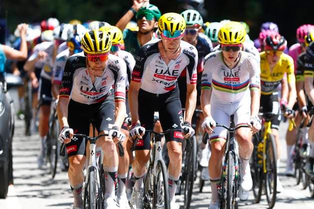 Tour de France 2026 Stage 3 LES ANGLES, FRANCE - JULY 06 : Wellens Tim (BEL) of UAE Team Emirates - XRG, Pogacar Tadej (SLO) of UAE Team Emirates - XRG during stage 3 of the 113rd edition of Tour de France an UCI World Tour 2.UWT cycling road race stage for Men Elite of 196 km with start in Granollers and finish in Les Agnles on July 6, 2026 in Les Angles, France, 06 07 2026 Les Angles France  Copyright: xLucaxBettinix