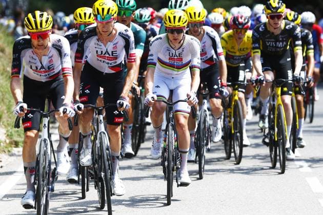 Belgian Tim Wellens of UAE Team Emirates XRG, Austrian Felix Grossschartner of UAE Team Emirates XRG and Slovenian Tadej Pogacar of UAE Team Emirates XRG pictured in action during stage 3 of the 2026 Tour de France cycling race, a stage of 195,9km from Granollers, Spain, to Les Angles, France, Monday 06 July 2026. The 113th edition of the Tour de France starts on Saturday 4 July in Barcelona, Spain, and will finish in Paris, France on the 26th of July. POOLxLUCAxBETTINI  x180512795x