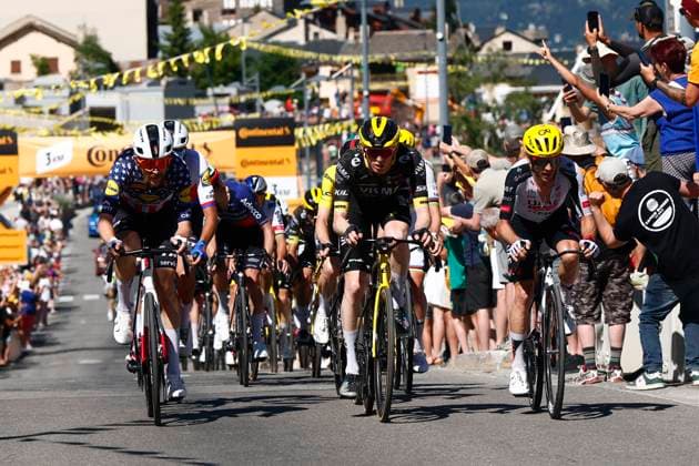Tour de France 2026 Stage 3 LES ANGLES, FRANCE - JULY 06 : Simmons Quinn (USA) of Lidl - Trek, Jorgenson Matteo (USA) of Team Visma Lease a Bike during stage 3 of the 113rd edition of Tour de France an UCI World Tour 2.UWT cycling road race stage for Men Elite of 196 km with start in Granollers and finish in Les Agnles on July 6, 2026 in Les Angles, France, 06 07 2026 Les Angles France  Copyright: xLucaxBettinix