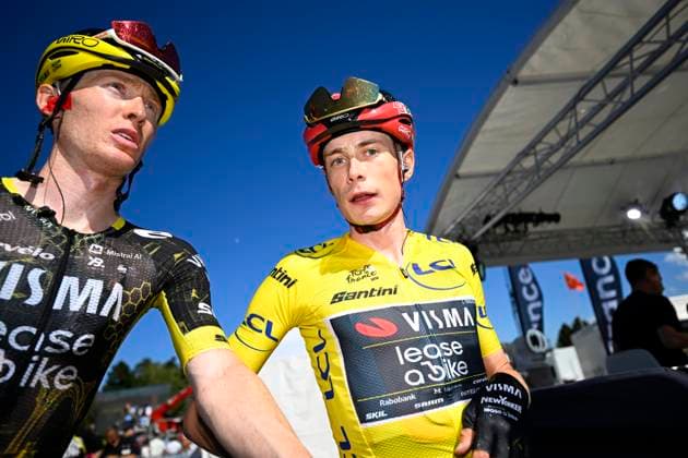 Tour de France 2026 Stage 3 LES ANGLES, FRANCE - JULY 06 : Jorgenson Matteo (USA) of Team Visma Lease a Bike and Vingegaard Jonas (DEN) of Team Visma Lease a Bike after stage 3 of the 113rd edition of Tour de France an UCI World Tour 2.UWT cycling road race stage for Men Elite of 196 km with start in Granollers and finish in Les Angles on July 6, 2026 in Les Angles, France, 06 07 2026 Les Angles France  Copyright: xTomasxSiskx
