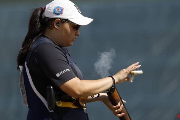 IPA86441122 - Sara Bongini of Italy ejects shells from a shotgun during the second day of the ISSF World Cup Shotgun competition at the Concaverde Shooting Range on July 6, 2026, in Lonato del Garda, Italy.  Copyright: xRichardxMorgano IPAxSportx xx 86441122