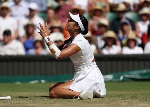 6th July 2026; All England Lawn Tennis and Croquet Club, London, England; Wimbledon Tennis Tournament, Day Eight; Alexandra Eala (PHL) slips on the court in her match against Jasmine Paolini (ITA) JohnxPatrickxFletcher