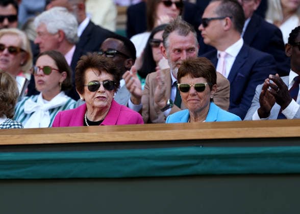 6th July 2026; All England Lawn Tennis and Croquet Club, London, England; Wimbledon Tennis Tournament, Day Eight; Six time ladies singles title Wimbledon Champion billie jean king sits alongside her Wife Ilana Kloss in the royal box JohnxPatrickxFletcher